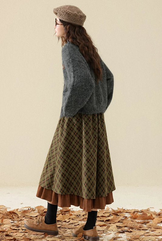 Willow Plaid Pleated Midi Skirt (Green/Brown)