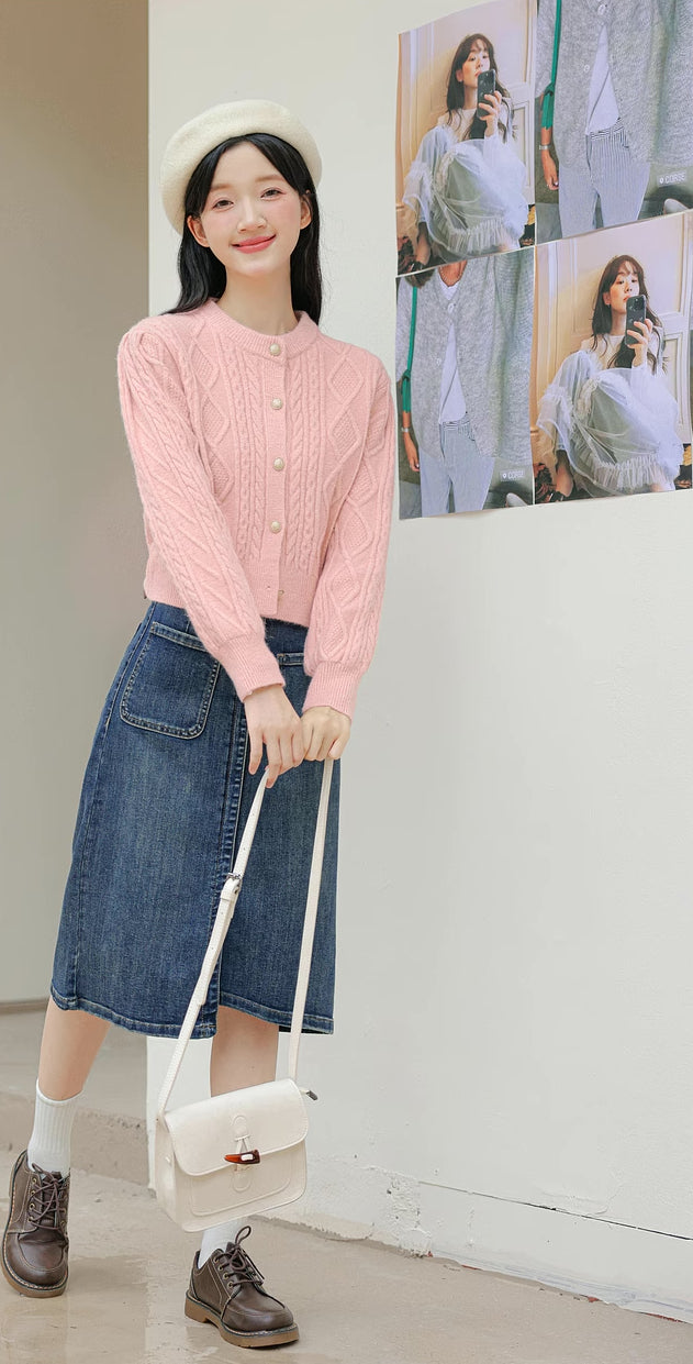 Round Neck Cable Knit Cardigan (9 Colors)