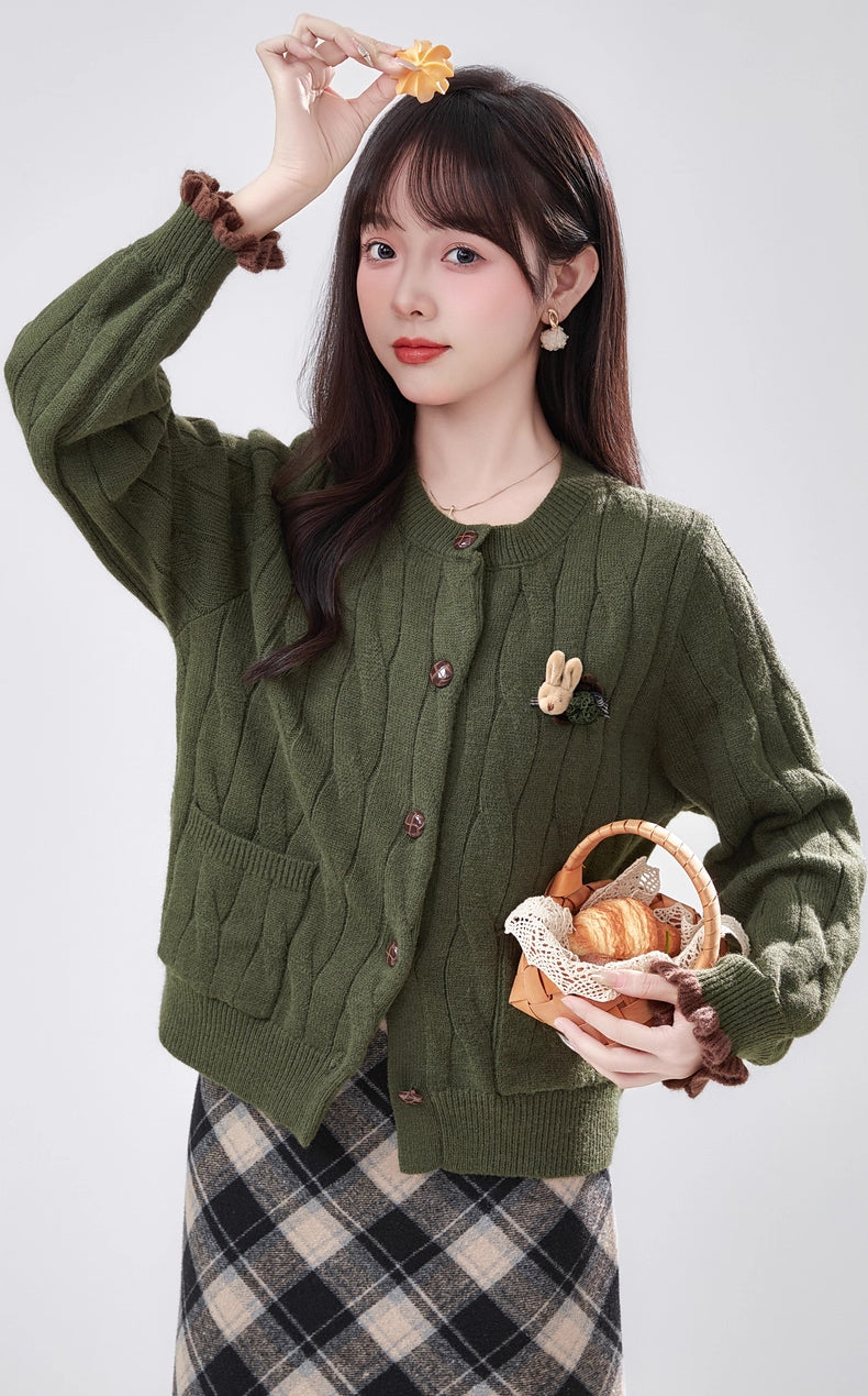 Braided Round Neck Cardigan (Olive)