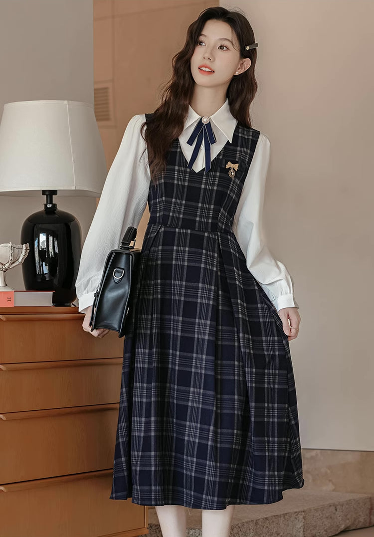 Oxford Plaid Midi Pinafore & Blouse Set (Navy)