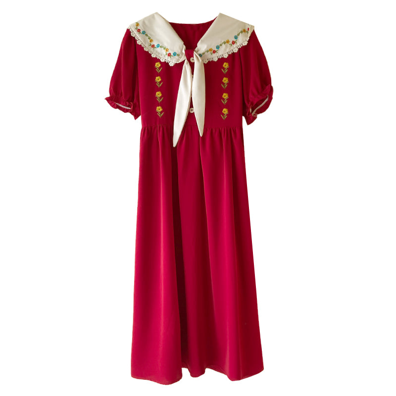 Floral Embroidered Sailor Midi Dress (Red)