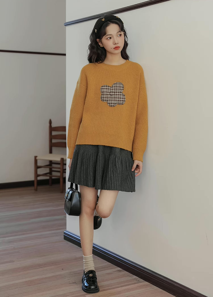 Plaid Flower Sweater (Mustard)