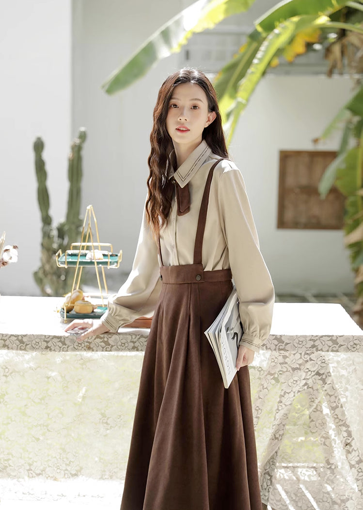 Corduroy Suede Suspender Skirt / Blouse (Brown)