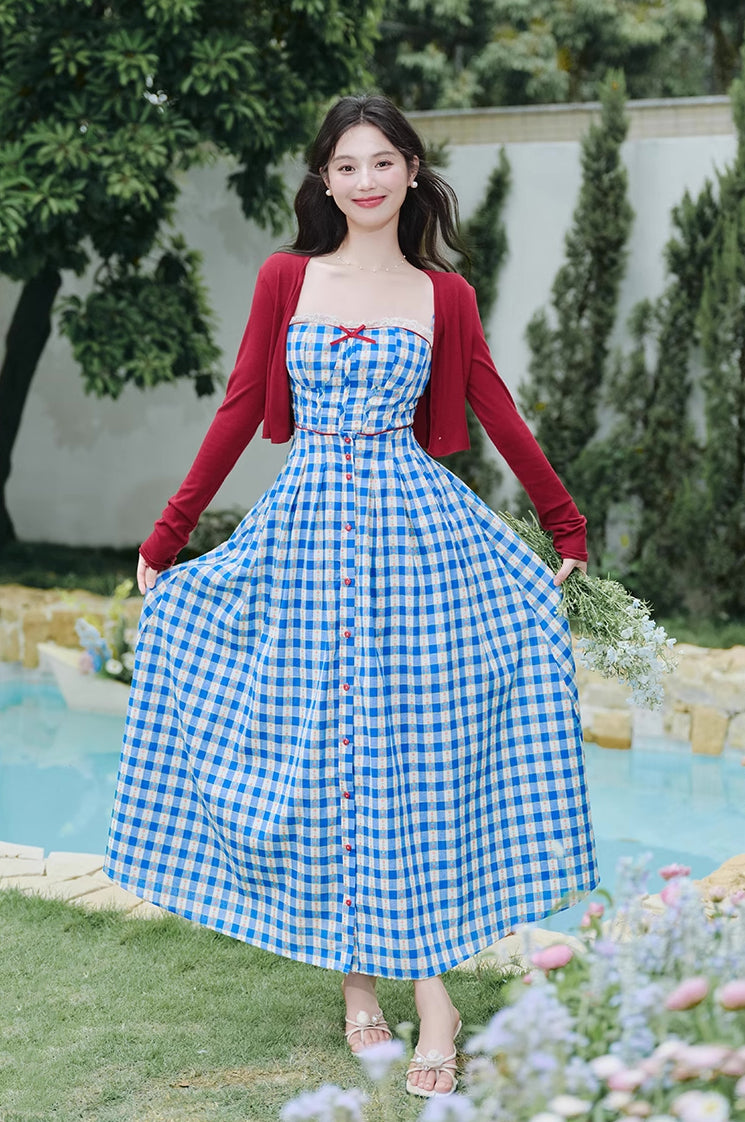 Vintage Gingham Floral Cami Dress (Blue)