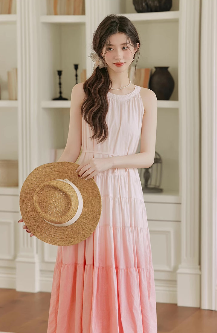 Ombre Halter Trapeze Midi Dress (Pink)