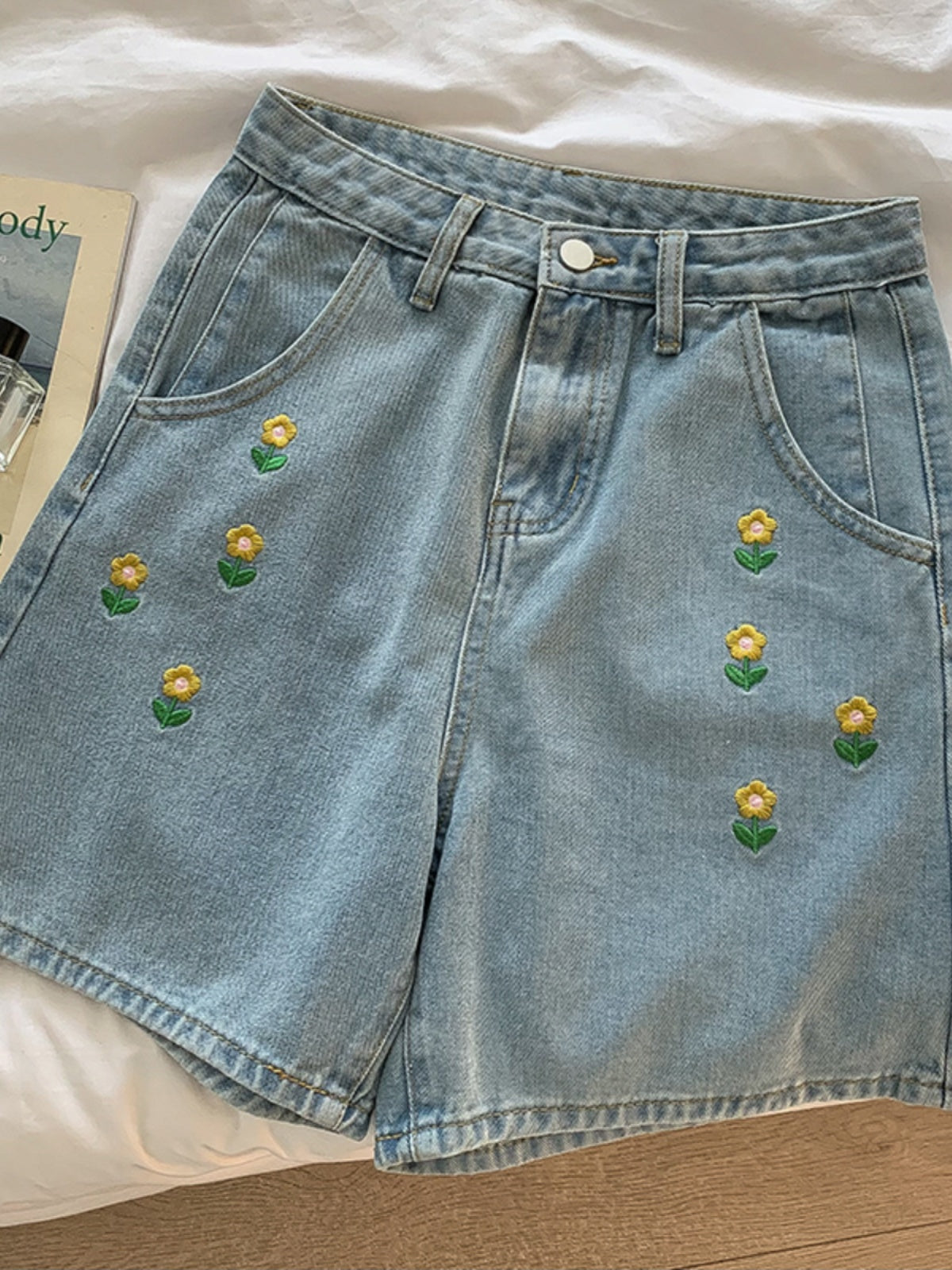 Flower Pop Embroidered Shorts (Light Denim)