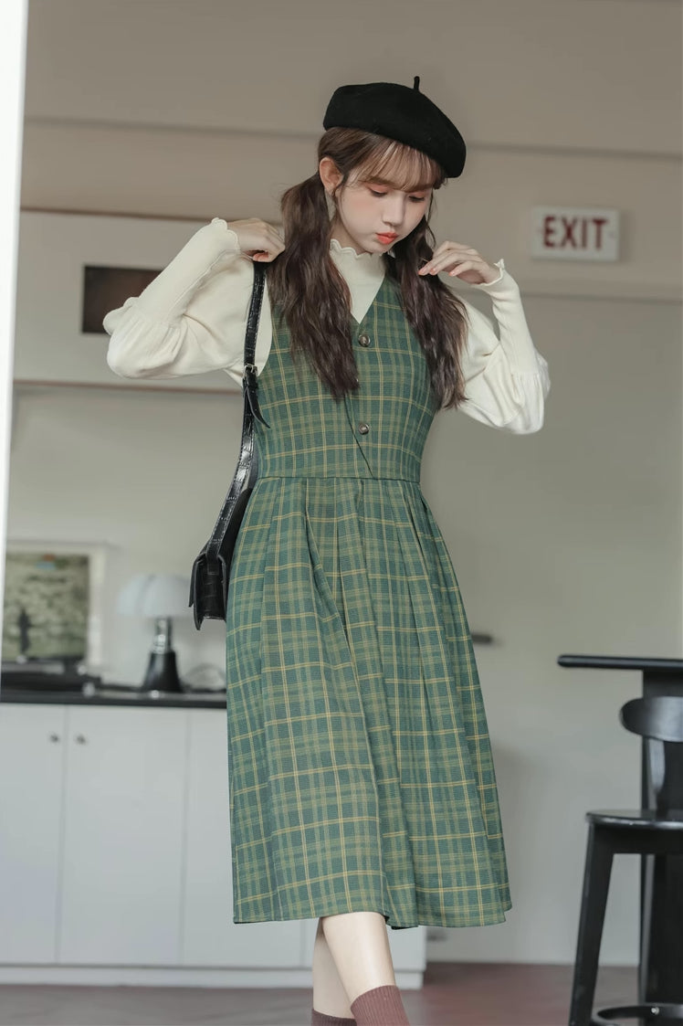 Huntington Plaid Midi Dress (Green)