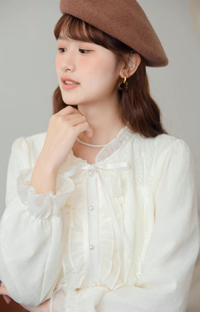 Ruffle Trim Tie Neck Blouse (Cream)