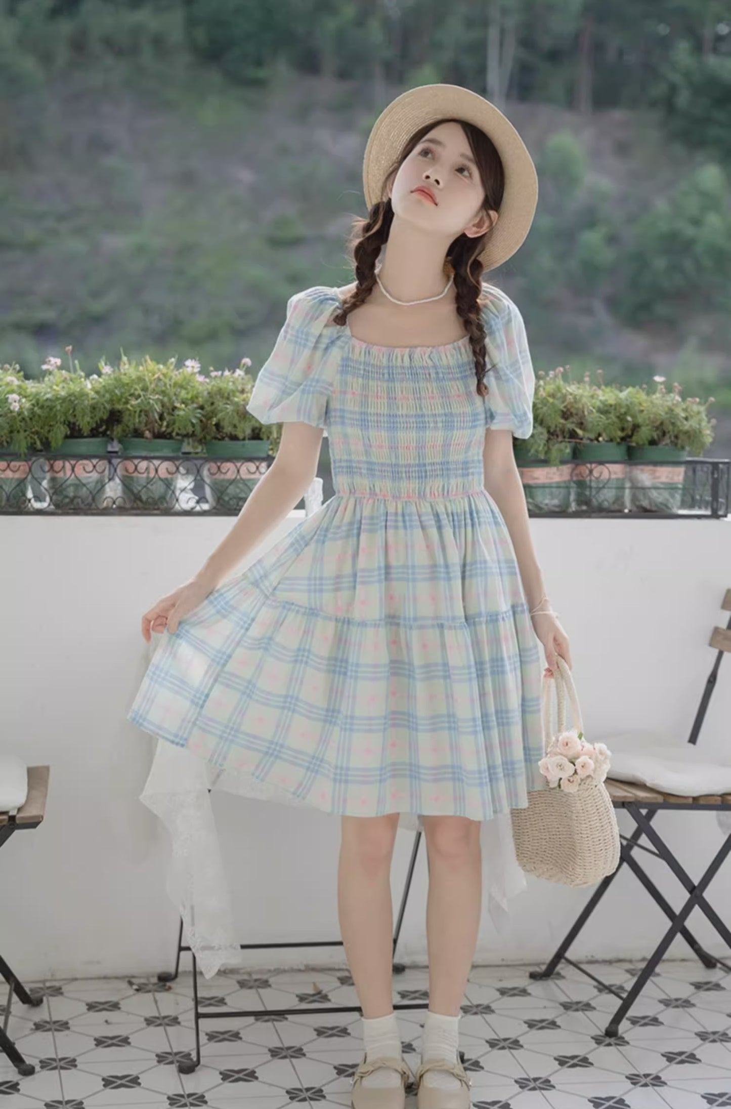 Sorbet Plaid Puff Sleeve Dress (Blue/Green)