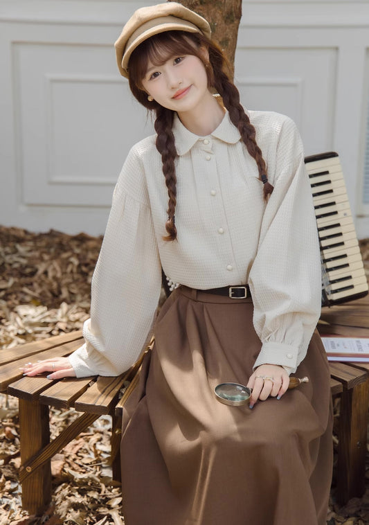 Waffle Puff Sleeve Blouse (Milk Tea)