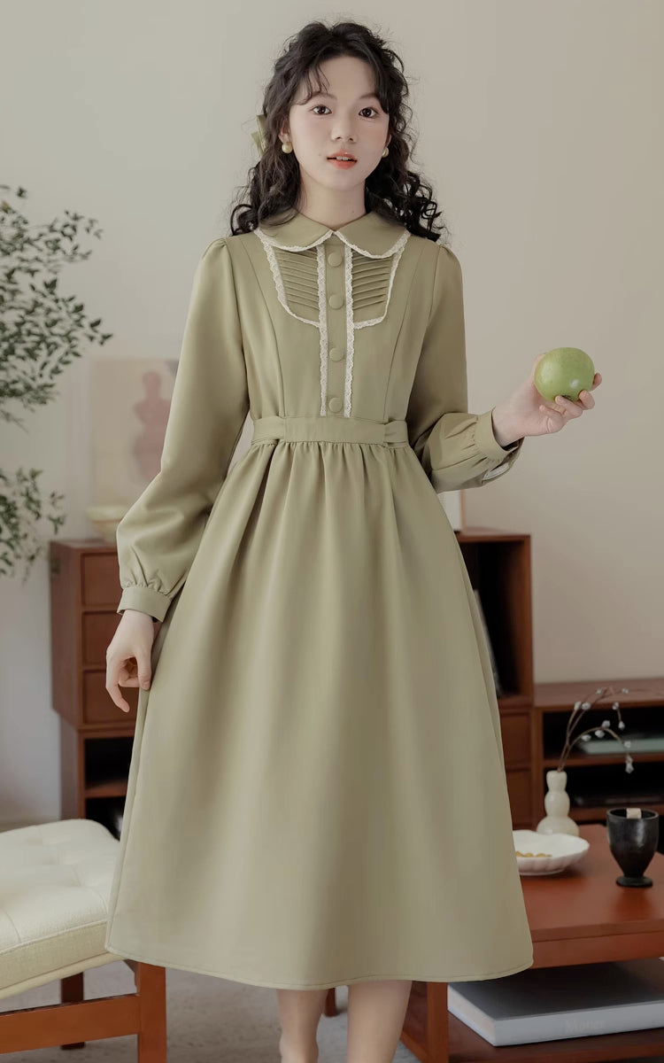 Sunday Tea Long Sleeve Midi Dress (Olive)