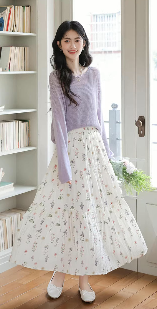 Dried Flowers Midi Skirt (Cream)