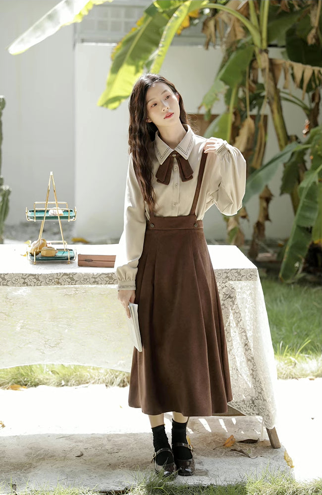 Corduroy Suede Suspender Skirt / Blouse (Brown)