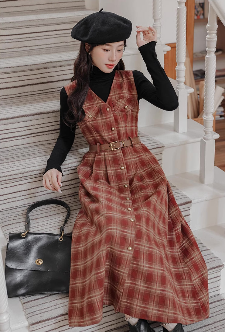 Ginger Plaid Pinafore Midi Dress (2 Colors)