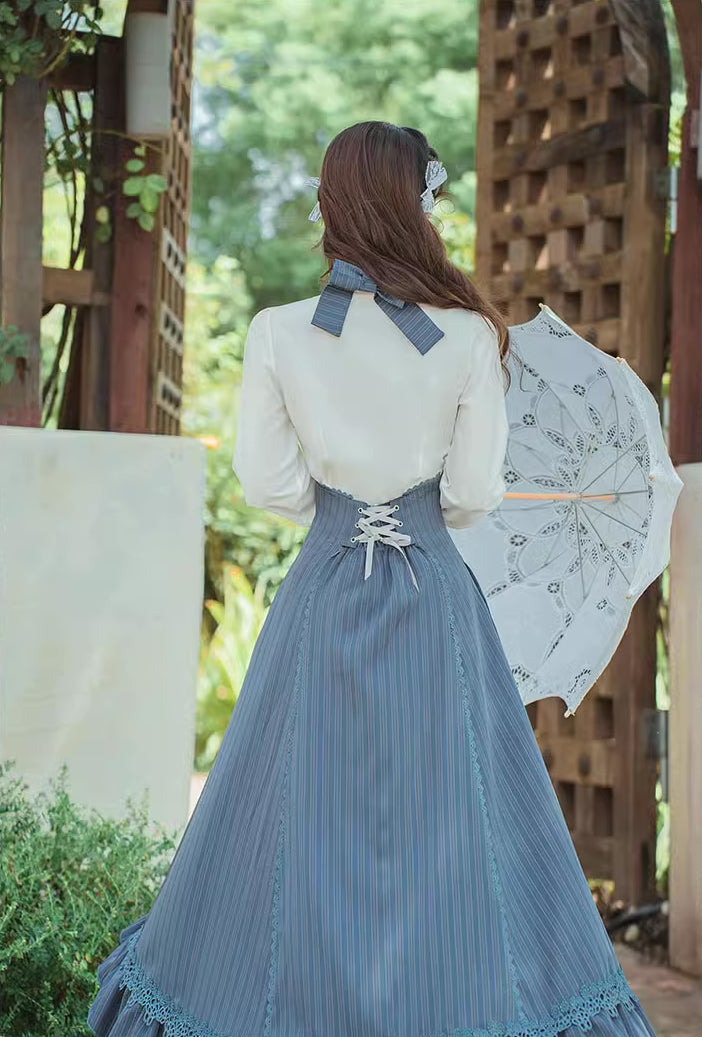 Evergarden Stripe Suspender Skirt & Blouse (Blue)