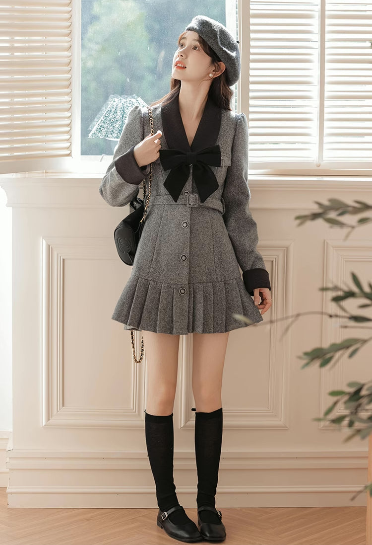 Peter Pan Collar Bow Mini Dress Coat (2 Colors)