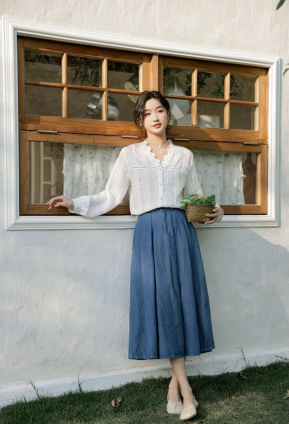 Pleated Denim Midi Skirt (3 Colors)