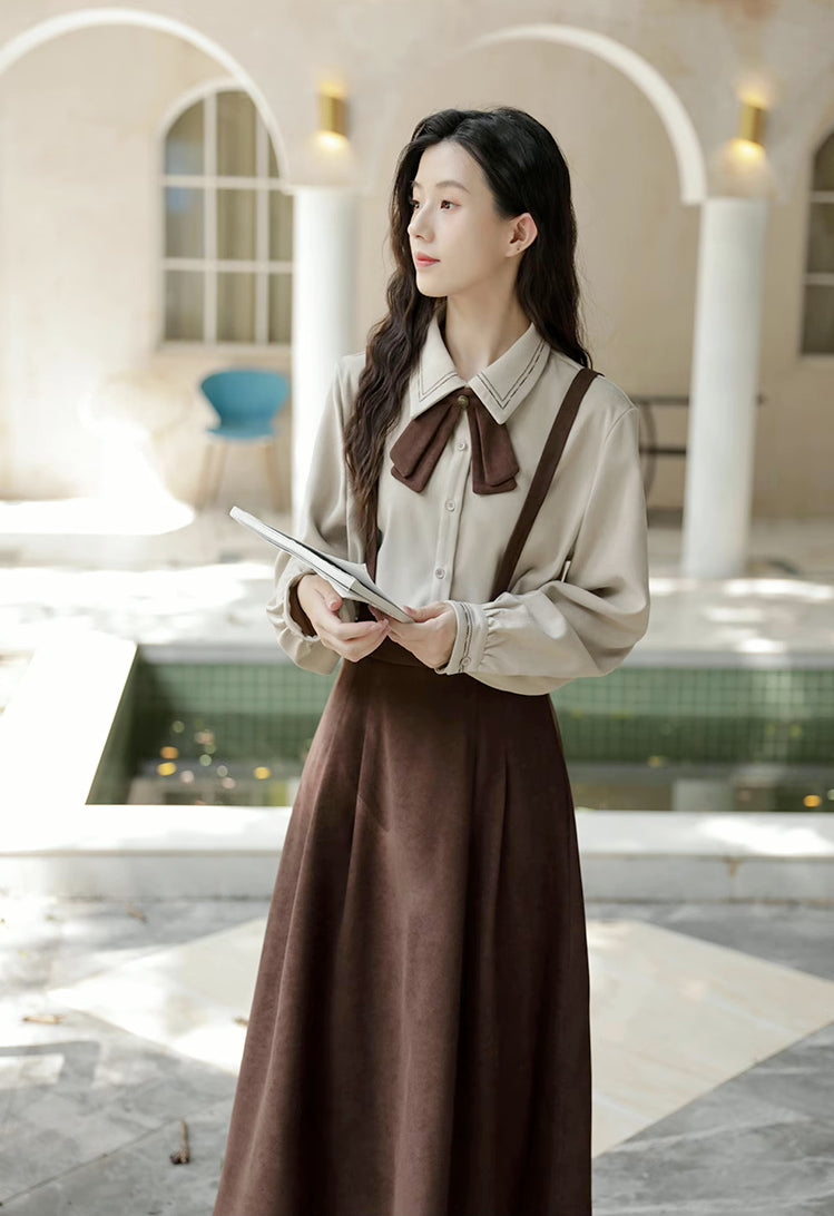 Corduroy Suede Suspender Skirt / Blouse (Brown)
