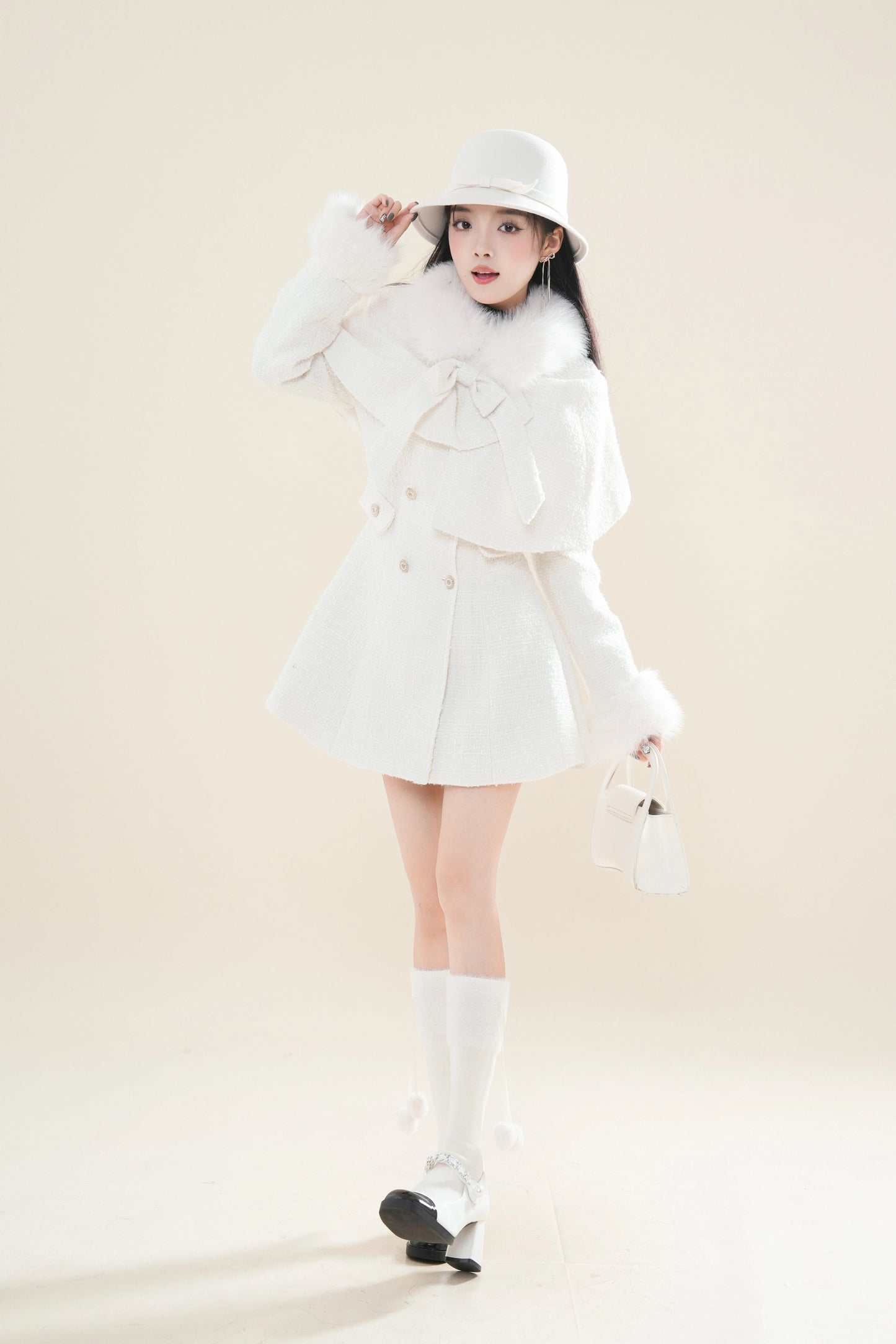 Snow Tweed Capelet Mini Coat Dress (White)