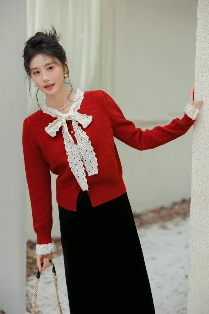 Heart Button Lace Trim Cardigan (3 Colors)