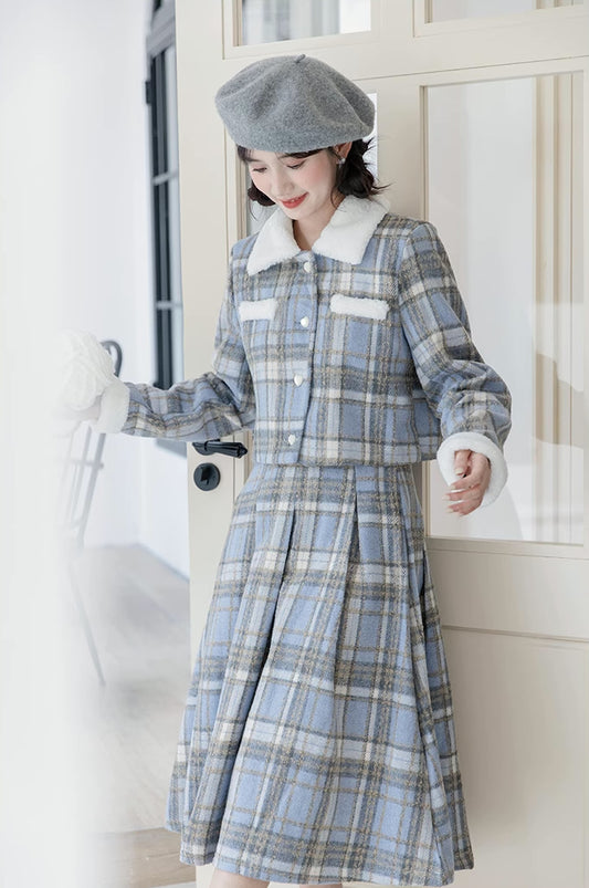 Elsa Plaid Tweed Midi Set (Blue)