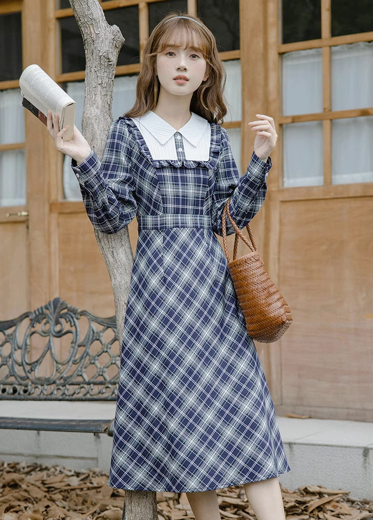 Uni Plaid Midi Dress (Navy)