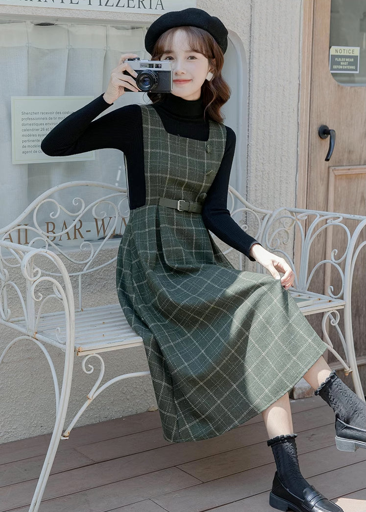 Belted Plaid Pinafore Dress (3 Colors)