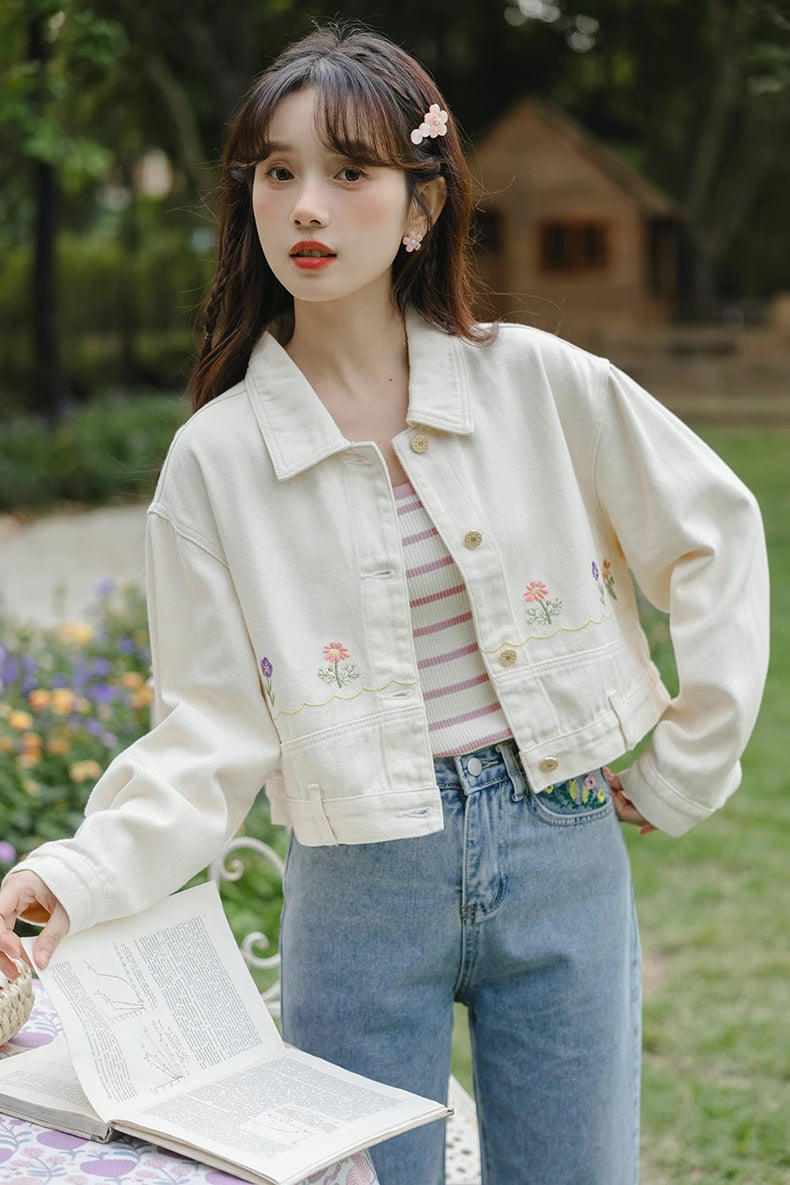 Personal Garden Embroidered Denim Jacket (Cream)