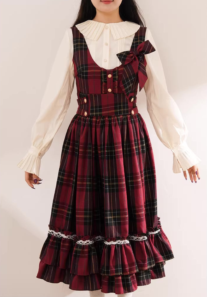 Red Riding Hood Plaid Midi Dress & Capelet (Red)