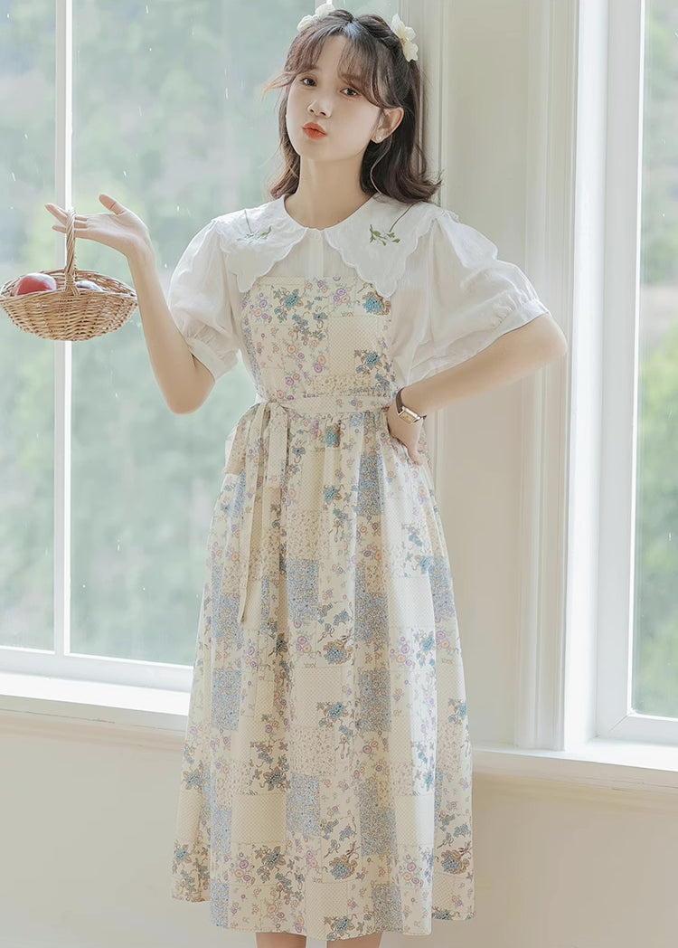 Ditsy Floral Patchwork Apron Dress (White)