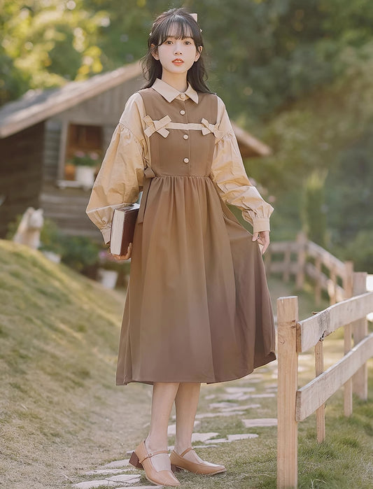 Cocoa Bows Twofer Midi Dress (Brown)