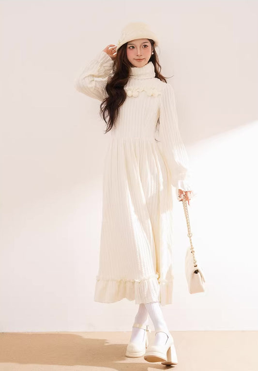 Cherry Pom Pom Turtleneck Sweater Dress (White)