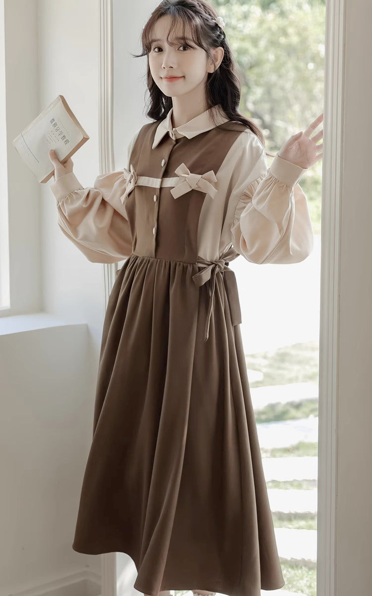 Cocoa Bows Twofer Midi Dress (Brown)