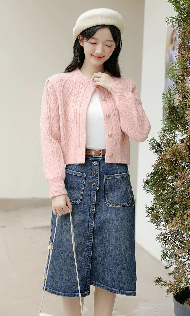 Round Neck Cable Knit Cardigan (9 Colors)