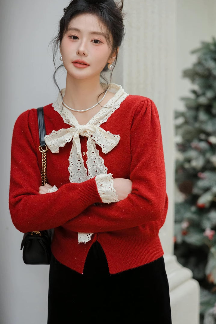 Heart Button Lace Trim Cardigan (3 Colors)