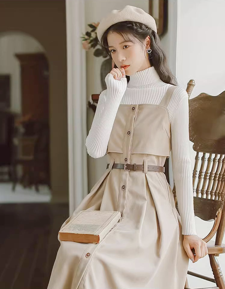Suede Button Up Cami Pinafore Dress (4 Colors)
