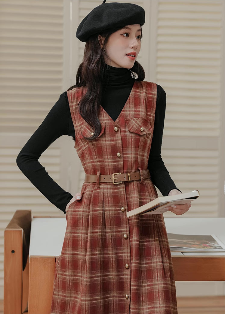 Ginger Plaid Pinafore Midi Dress (2 Colors)