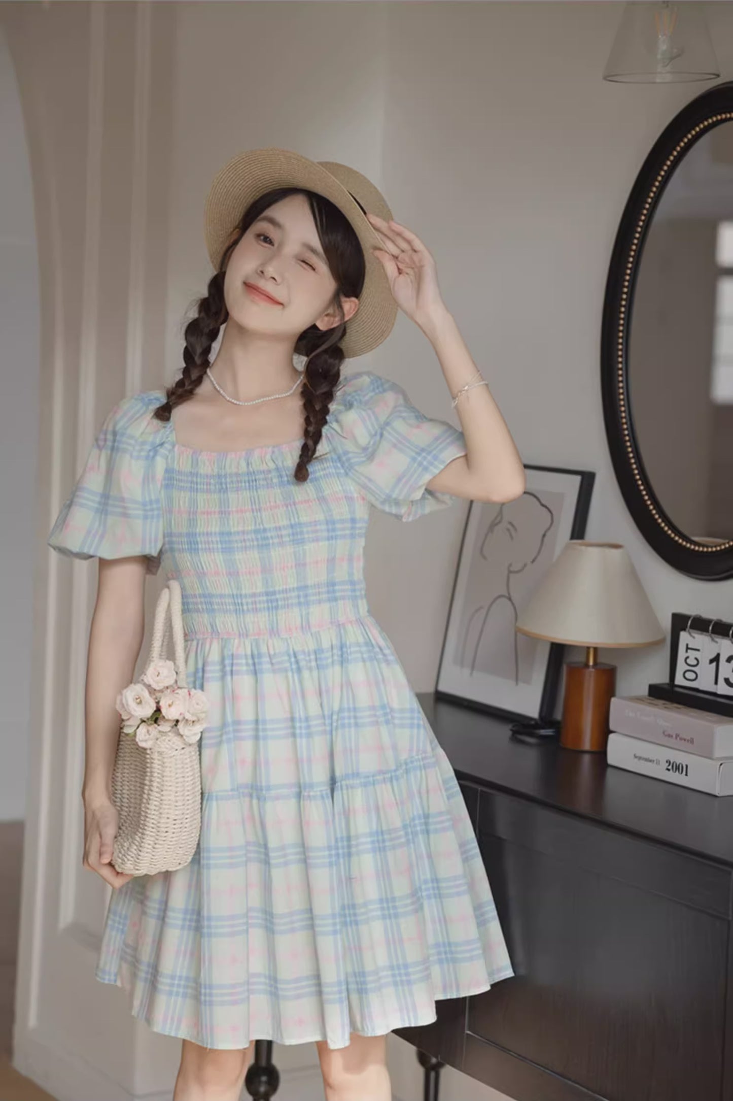 Sorbet Plaid Puff Sleeve Dress (Blue/Green)