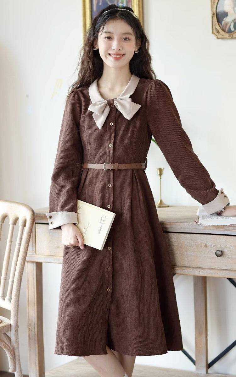 Bow Collar Corduroy Button Down Dress (Chocolate)