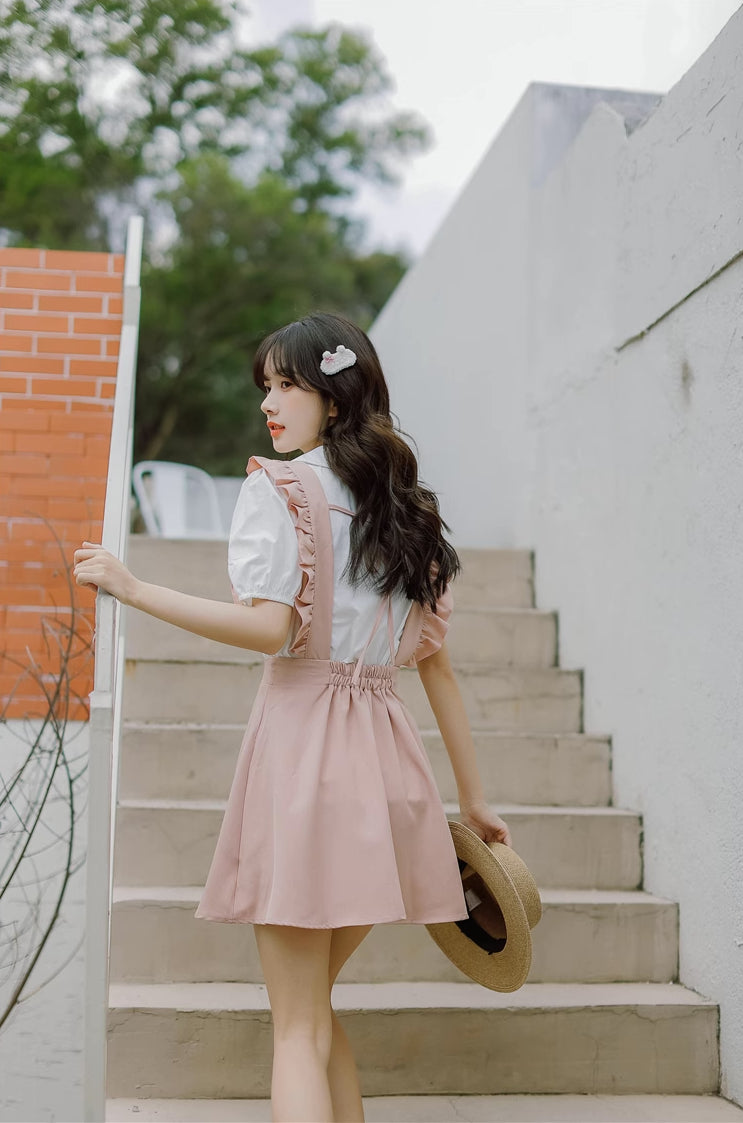 Frilly Mini Apron Pinafore Dress (Pink)