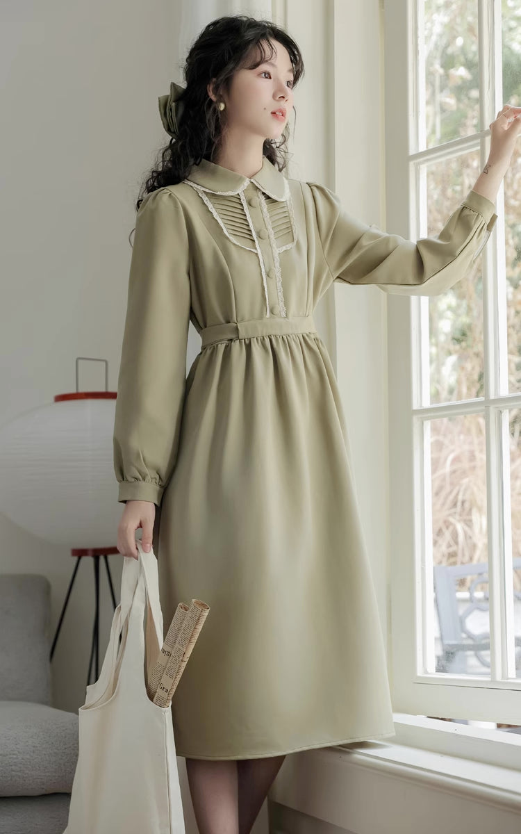 Sunday Tea Long Sleeve Midi Dress (Olive)