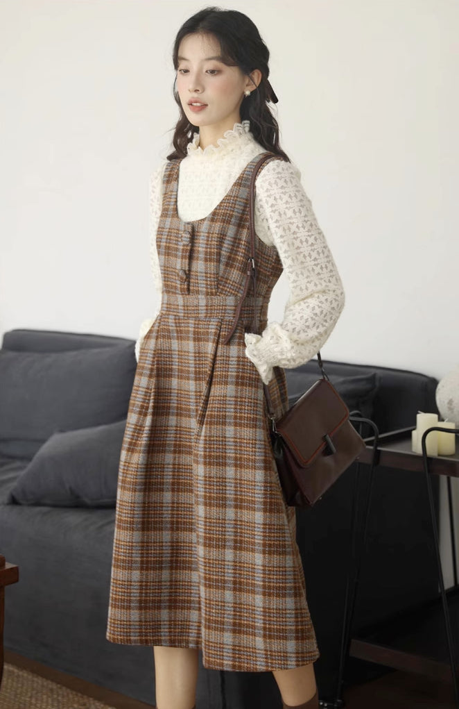 Sunset Plaid Pinafore Midi Dress (Brown)