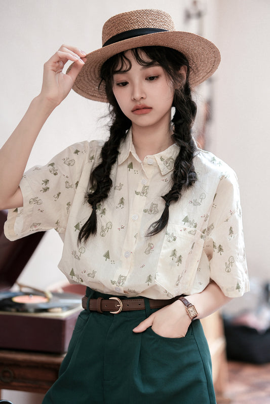 Boyfriend Forest Bunny Button Up Shirt (Beige)