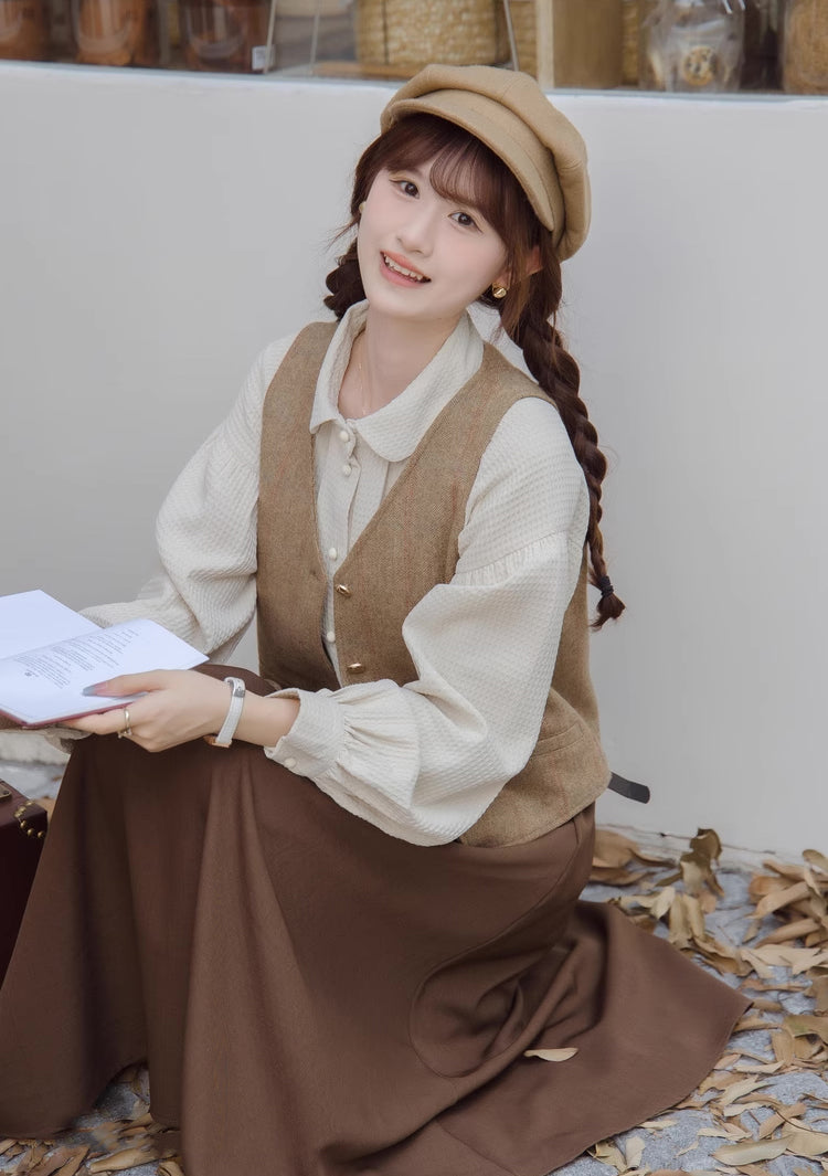 Waffle Puff Sleeve Blouse (Milk Tea)