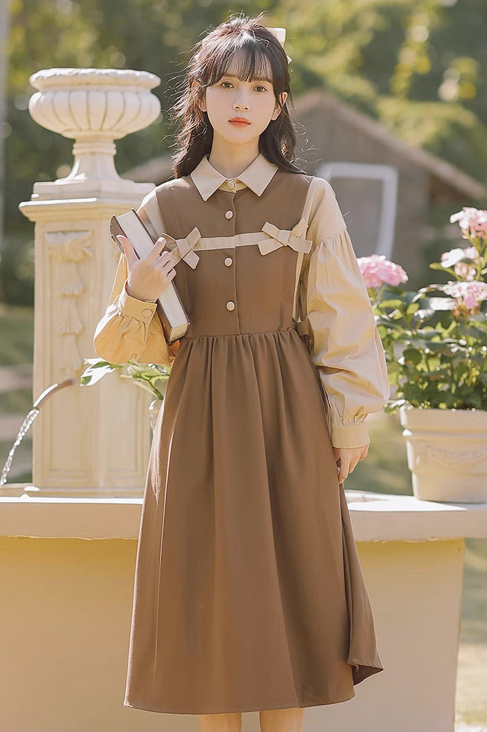 Cocoa Bows Twofer Midi Dress (Brown)