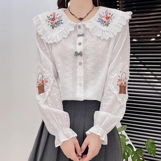 Flower Basket Embroidered Blouse (2 Colors)