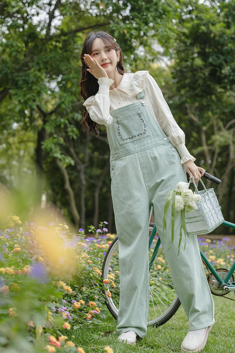 Flower Vines Embroidered Overalls (Green)