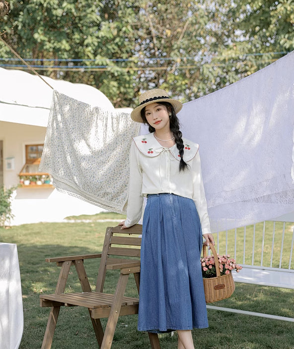 Pleated Denim Midi Skirt (3 Colors)