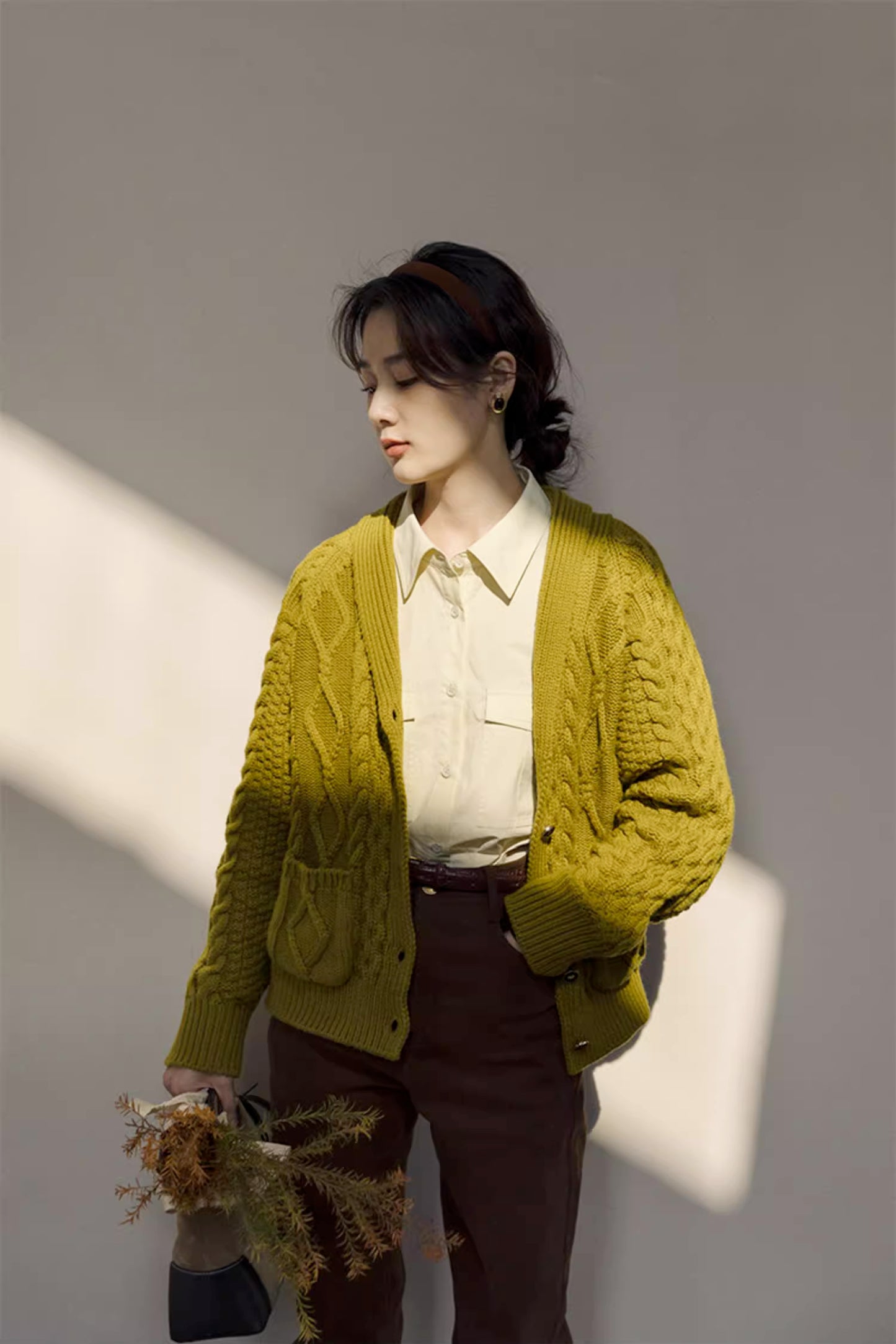 Shawl Collar Cable Knit Cardigan (Chartreuse)