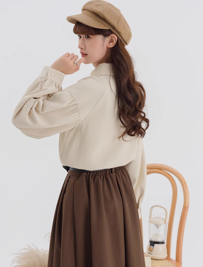 Waffle Puff Sleeve Blouse (Milk Tea)
